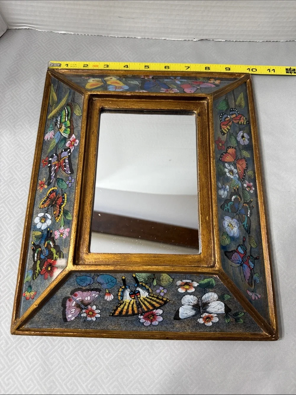 Vtg Peruvian Reverse Painted Mirror Vibrant Color Intricate Floral & Butterflies